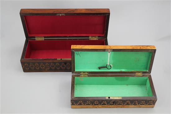 Two Tunbridge ware half square mosaic inlaid rectangular boxes, 9.5in.